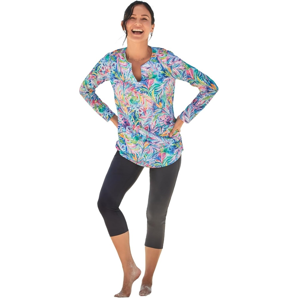 image:imageWomens Plus Size SplitNeck Long Sleeve Swim Tee with Builtin BraRainbow Tie Dye Palm