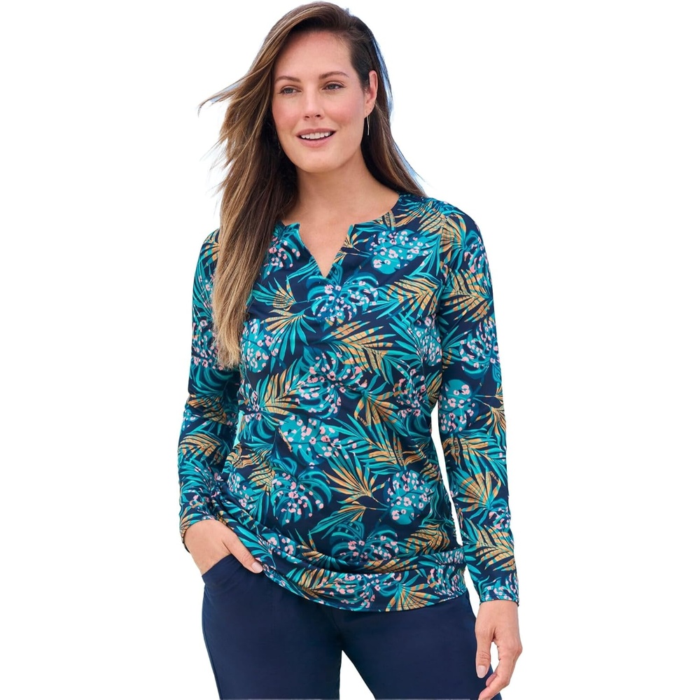 image:imageWomens Plus Size SplitNeck Long Sleeve Swim Tee with Builtin BraVibrant Palm Pink