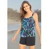 Swimsuits For All Swim 365 Women’s Plus Size Tank Overlay Tummy Control Adjustable-Strap Swim Romper(Blue Painterly Leaves)