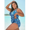 Women’s Plus Size Loop-Strap V-Neck Tummy Control Two-Piece Swim Dress(Deep Blue Leaf)