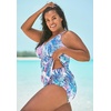 Women’s Plus Size Loop-Strap V-Neck Tummy Control Two-Piece Swim Dress(Multi Color Leaves)