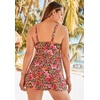 Women’s Plus Size Loop-Strap V-Neck Tummy Control Two-Piece Swim Dress(Rose Bloom Leopard)