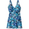 Women’s Plus Size Loop-Strap V-Neck Tummy Control Two-Piece Swim Dress(Teal Blue Butterfly)