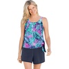 Women’s Plus Size Scoop-Neck Blouson Tummy Control Two-Piece Swim Set(Multi Palm Leaf Print)