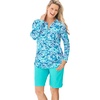 Women’s Plus Size Split-Neck Long Sleeve Swim Tee with Built-in Bra(Blue Tie Dye Swirl)