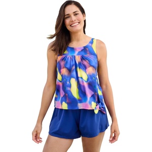 Women’s Plus Size Scoop-Neck Blouson Tummy Control Two-Piece Swim Set(Multi Tie Dye)