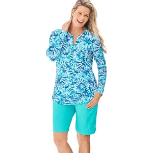 Women’s Plus Size Split-Neck Long Sleeve Swim Tee with Built-in Bra(Blue Tie Dye Swirl)