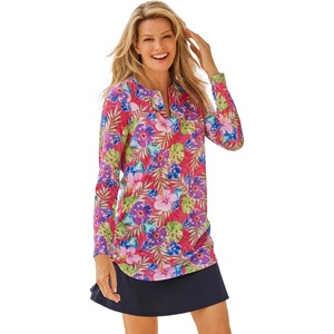 Women’s Plus Size Split-Neck Long Sleeve Swim Tee with Built-in Bra(Neon Hibiscus)