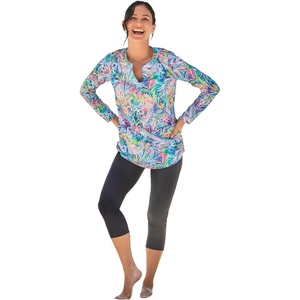 Women’s Plus Size Split-Neck Long Sleeve Swim Tee with Built-in Bra(Rainbow Tie Dye Palm)