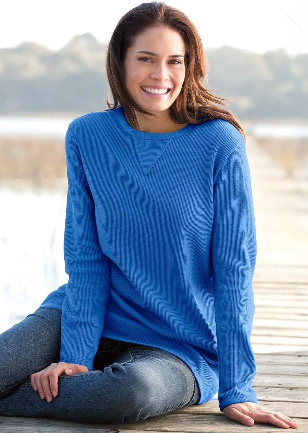 image:imageWoman Within LongSleeve Crewneck Soft Waffle Knit Thermal ShirtBright Cobalt