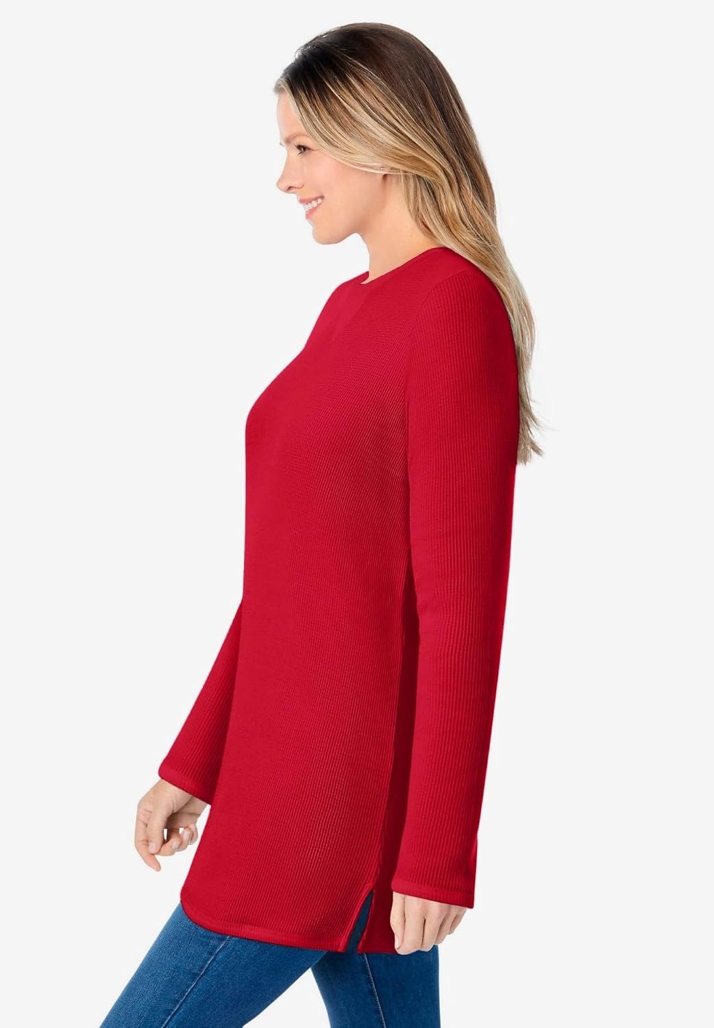 image:imageWoman Within LongSleeve Crewneck Soft Waffle Knit Thermal ShirtClassic Red