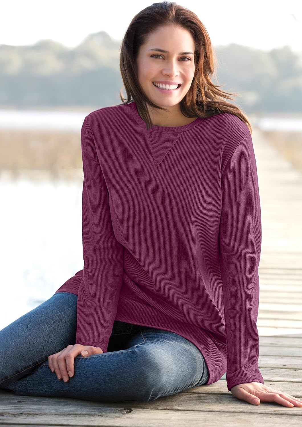 image:imageWoman Within LongSleeve Crewneck Soft Waffle Knit Thermal ShirtDeep Claret