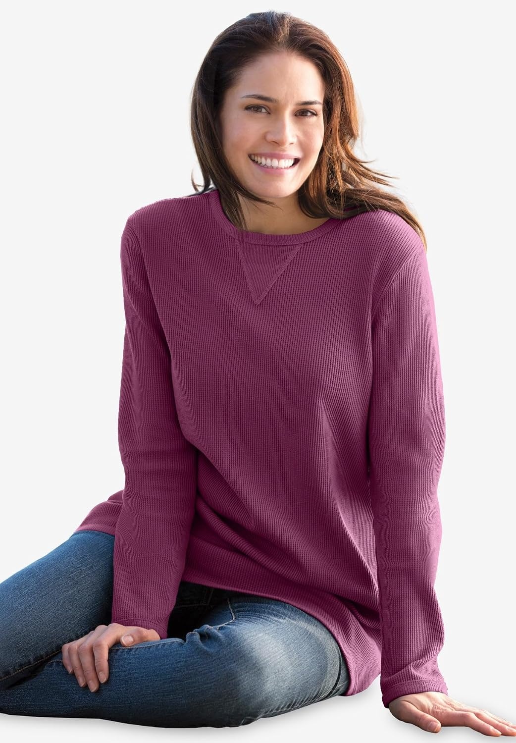 image:imageWoman Within LongSleeve Crewneck Soft Waffle Knit Thermal ShirtDeep Claret