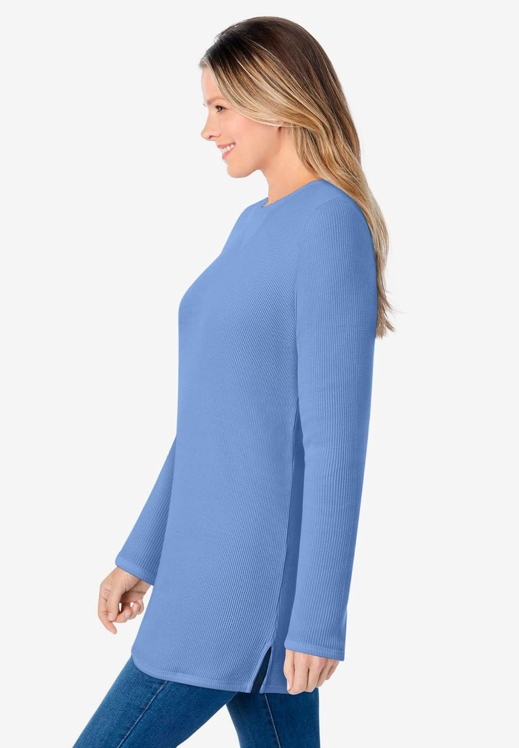 image:imageWoman Within LongSleeve Crewneck Soft Waffle Knit Thermal ShirtFrench Blue