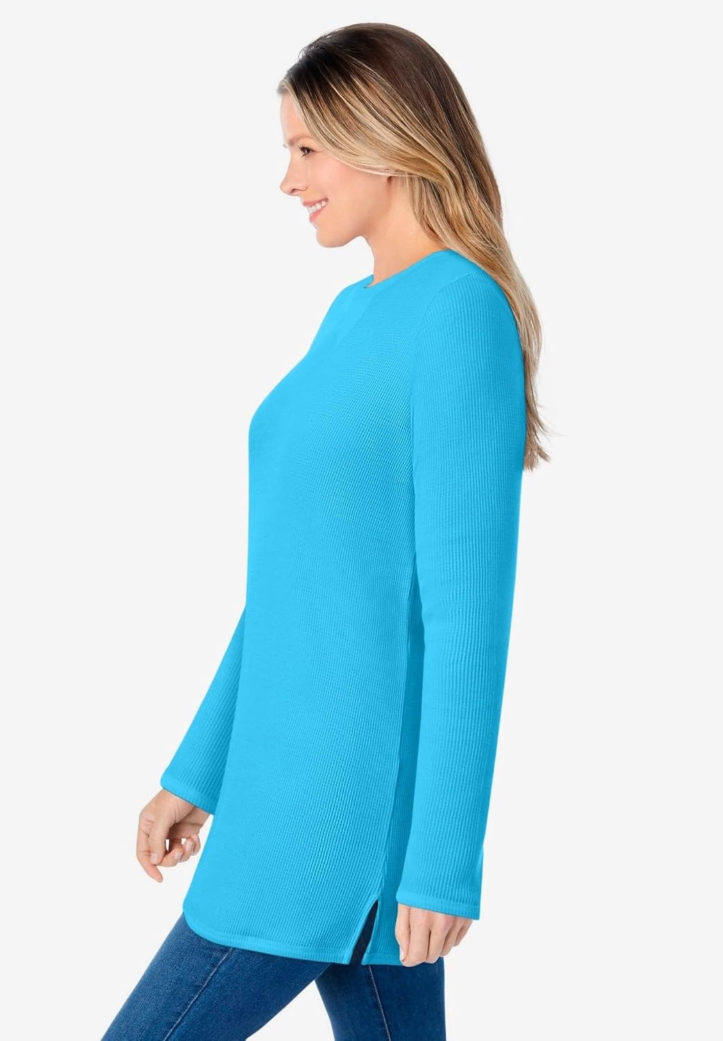 image:imageWoman Within LongSleeve Crewneck Soft Waffle Knit Thermal ShirtParadise Blue