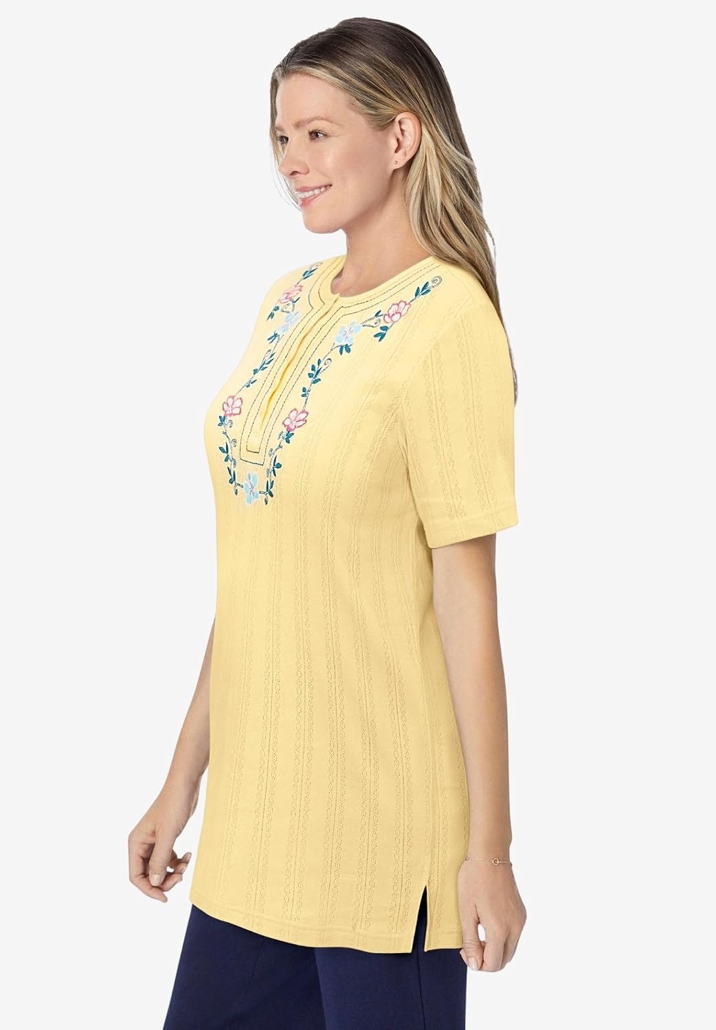image:imageWoman Within Plus Size 7Day Embroidered Pointelle TunicBanana Floral Embroidery
