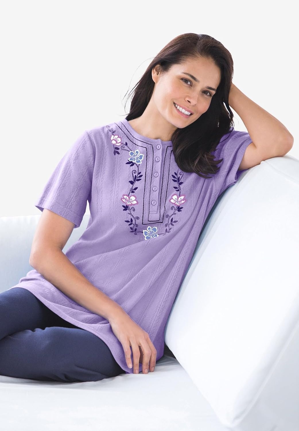 image:imageWoman Within Plus Size 7Day Embroidered Pointelle TunicBanana Floral Embroidery