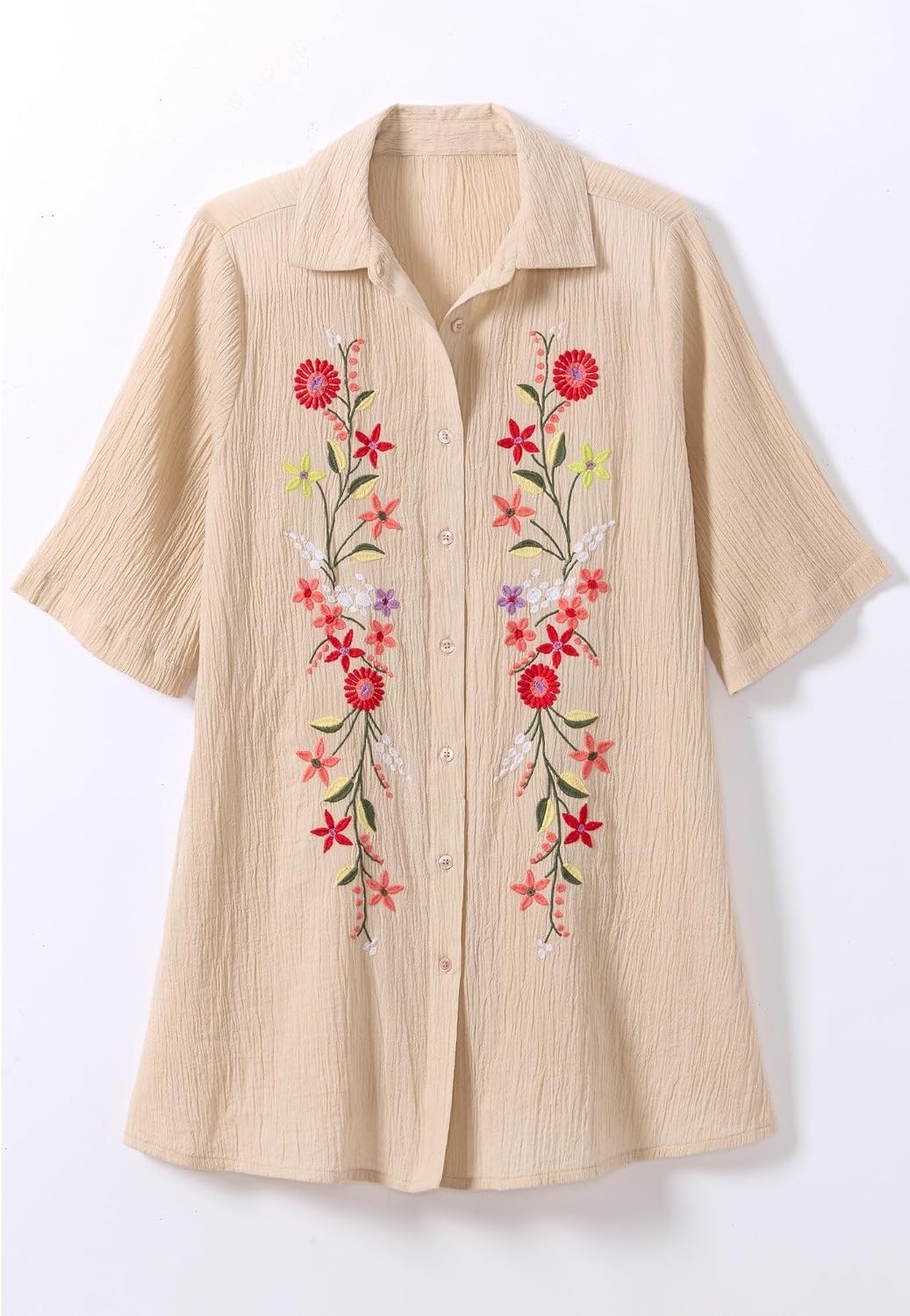image:imageWoman Within Plus Size Embroidered Gauze ShirtNatural Khaki Floral Embroidery