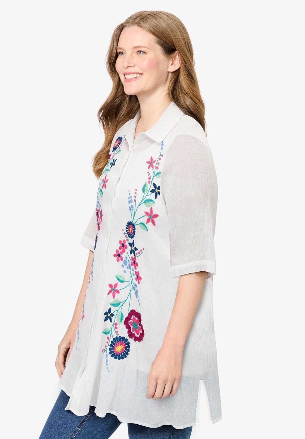 image:imageWoman Within Plus Size Embroidered Gauze ShirtWhite Floral Embroidery