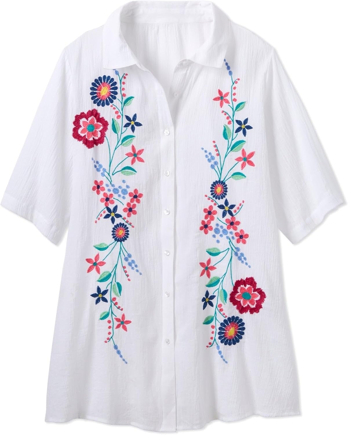 image:imageWoman Within Plus Size Embroidered Gauze ShirtWhite Floral Embroidery