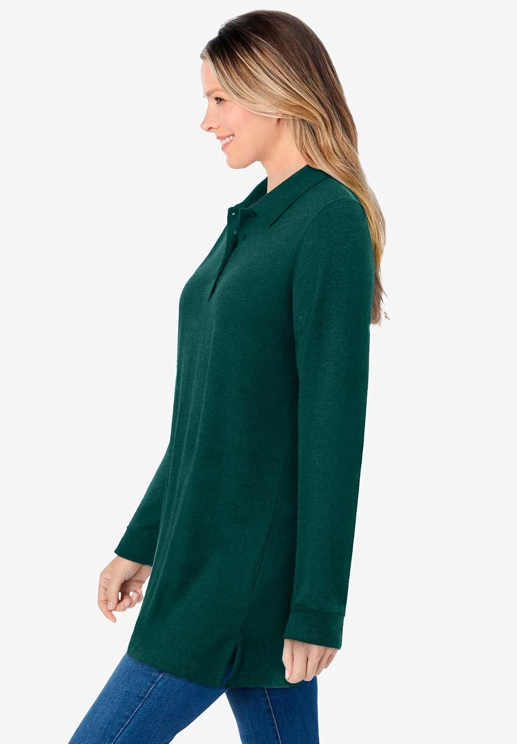 image:imageWoman Within Plus Size LongSleeve Polo ShirtEmerald Green