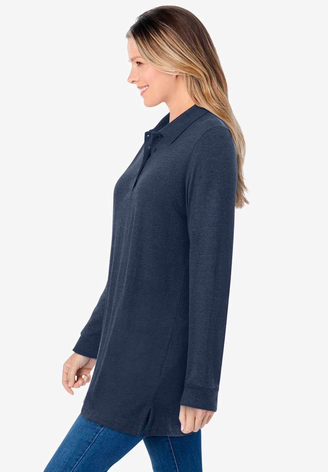 image:imageWoman Within Plus Size LongSleeve Polo ShirtNavy