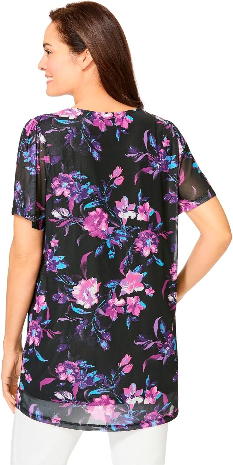 image:imageWoman Within Plus Size Miracle Mesh Overlay TunicBlack Dreamy Flowers