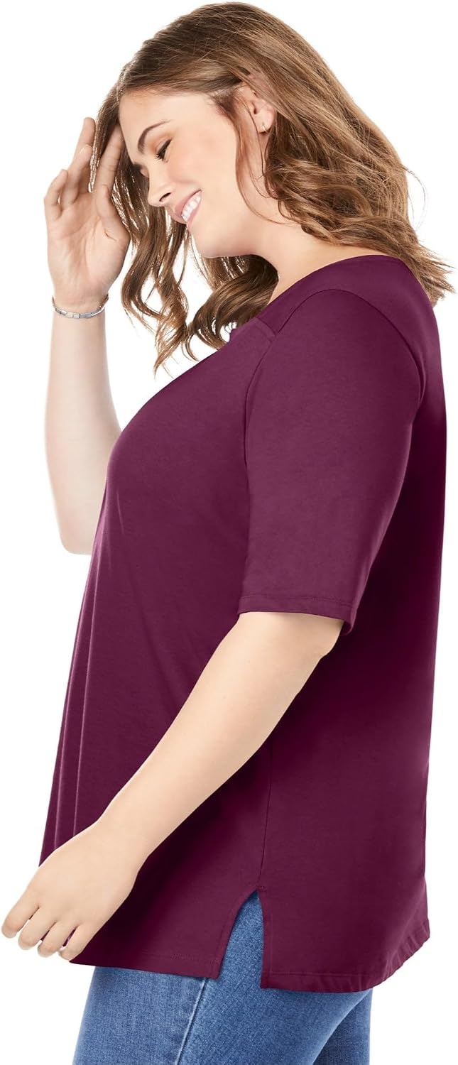 image:imageWoman Within Plus Size Perfect ElbowSleeve SquareNeck TeeDeep Claret
