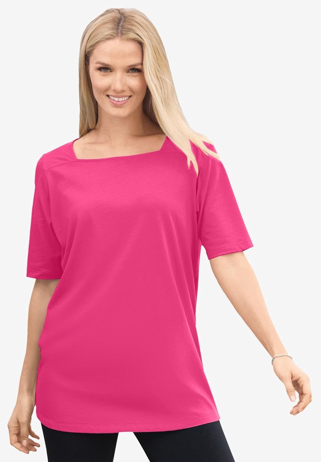 image:imageWoman Within Plus Size Perfect ElbowSleeve SquareNeck TeeDeep Claret