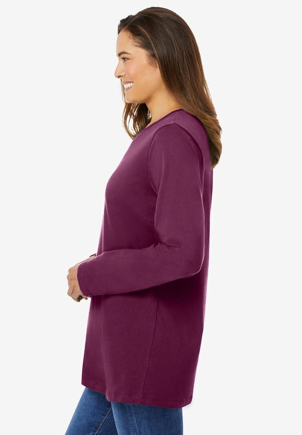 image:imageWoman Within Plus Size Perfect LongSleeve Crewneck Tee Petite AvailableDeep Claret