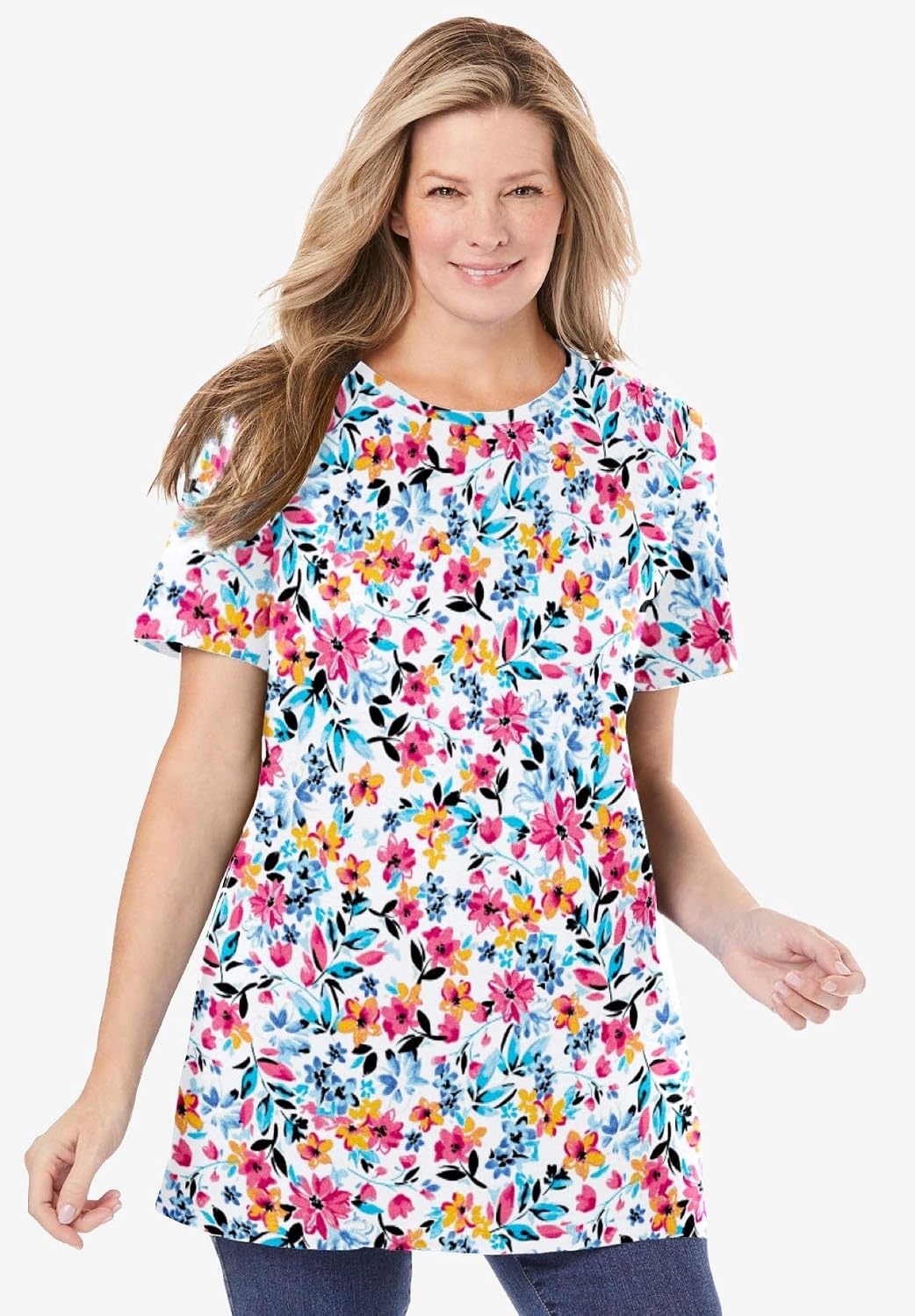 image:imageWoman Within Plus Size Perfect Printed Crewneck TunicEmerald Green Field Floral