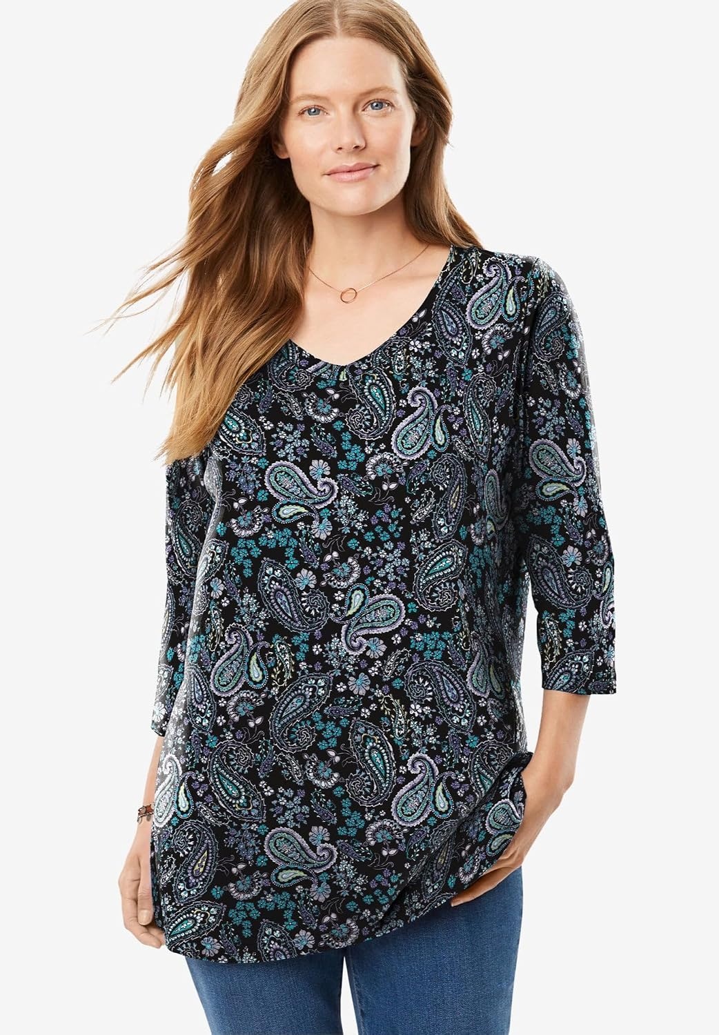 image:imageWoman Within Plus Size Perfect Printed ThreeQuarter Sleeve VNeck TeeWaterfall Multi Bloom