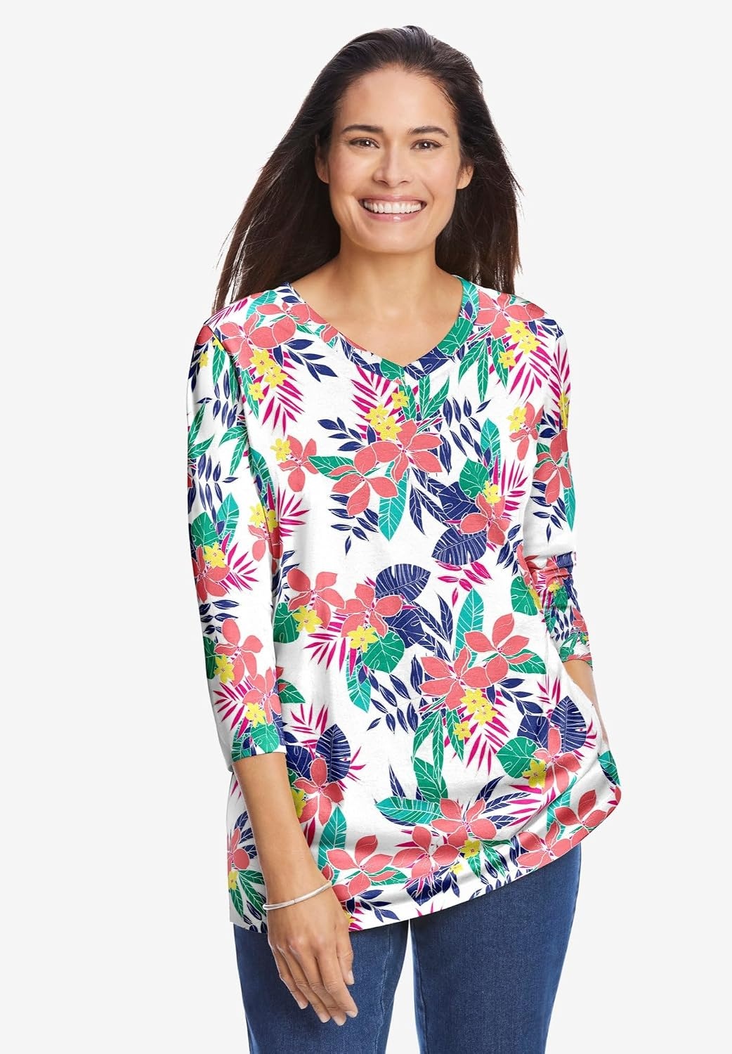 image:imageWoman Within Plus Size Perfect Printed ThreeQuarter Sleeve VNeck TeeWaterfall Multi Bloom