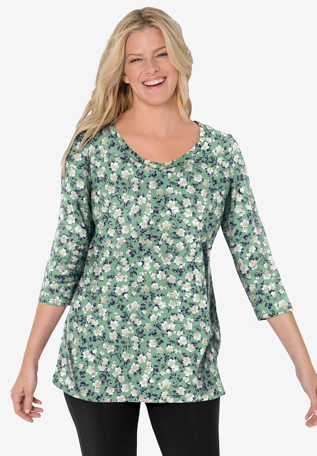 image:imageWoman Within Plus Size Perfect Printed ThreeQuarter Sleeve VNeck TeeWaterfall Multi Bloom