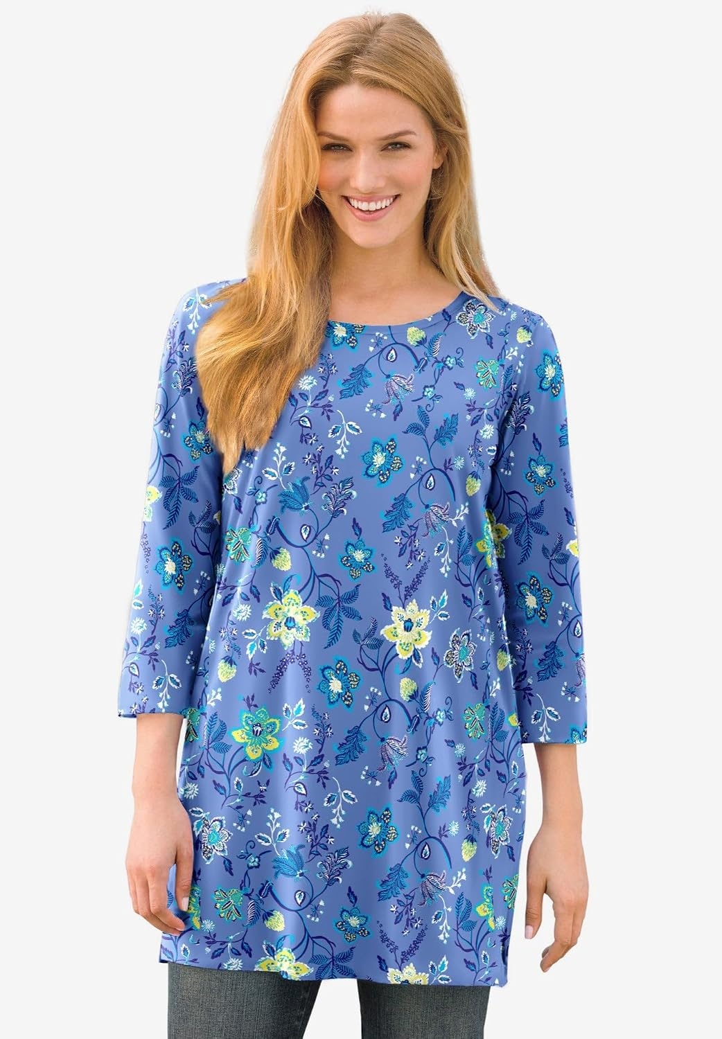 image:imageWoman Within Plus Size Perfect Printed ThreeQuarterSleeve Scoopneck TunicIvory Claret Floral Vine