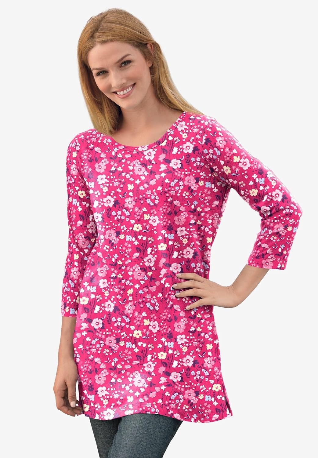 image:imageWoman Within Plus Size Perfect Printed ThreeQuarterSleeve Scoopneck TunicIvory Claret Floral Vine