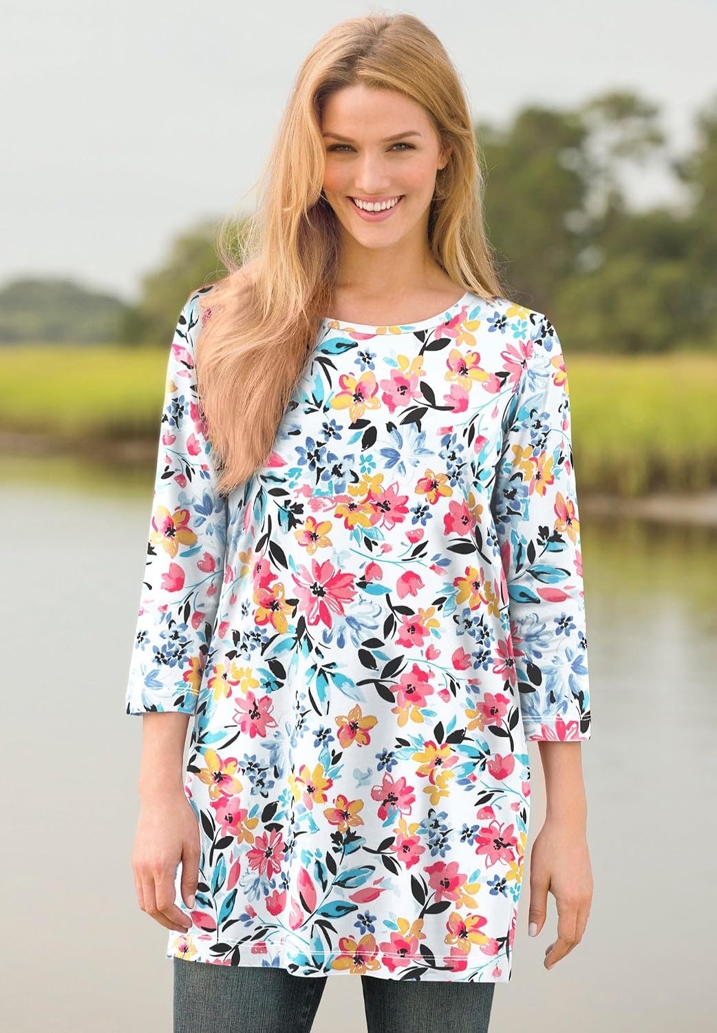 image:imageWoman Within Plus Size Perfect Printed ThreeQuarterSleeve Scoopneck TunicIvory Claret Floral Vine