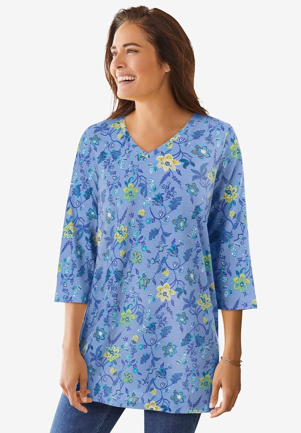 image:imageWoman Within Plus Size Perfect Printed ThreeQuarterSleeve VNeck TunicIvory Claret Floral Vine