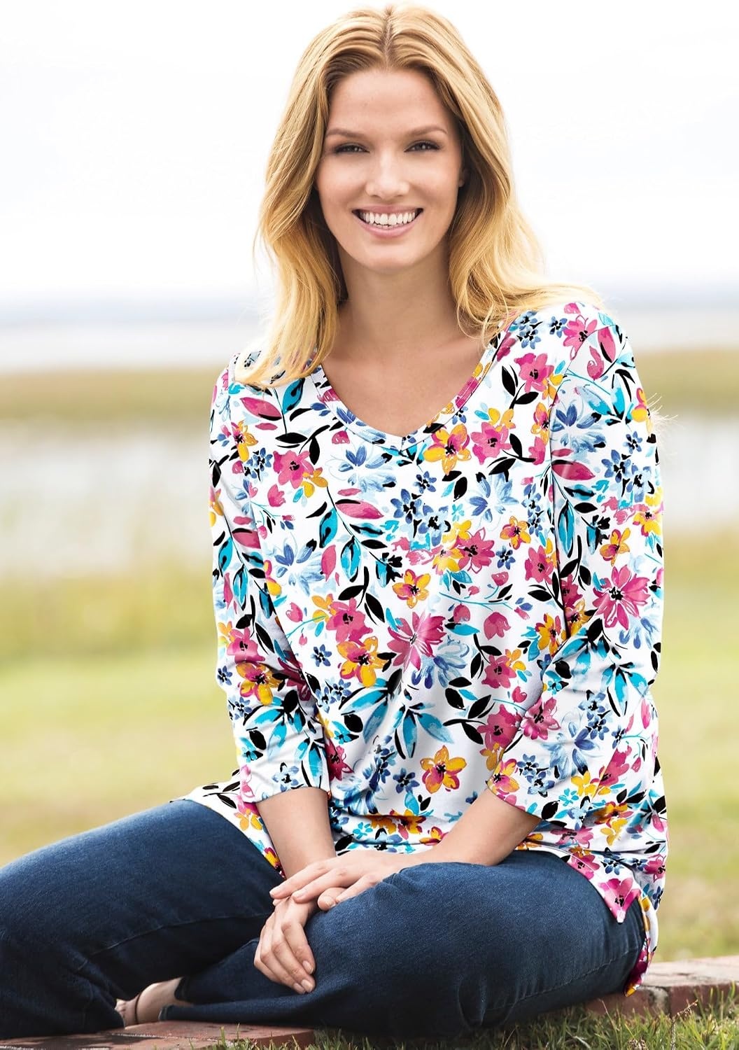 image:imageWoman Within Plus Size Perfect Printed ThreeQuarterSleeve VNeck TunicIvory Claret Floral Vine
