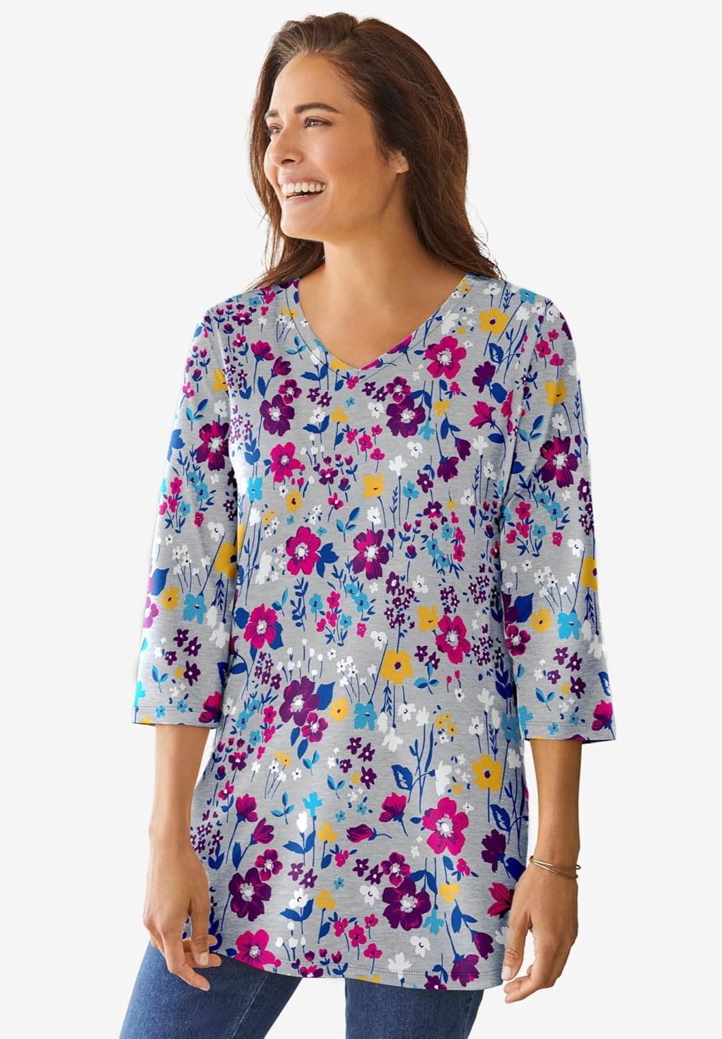 image:imageWoman Within Plus Size Perfect Printed ThreeQuarterSleeve VNeck TunicIvory Claret Floral Vine