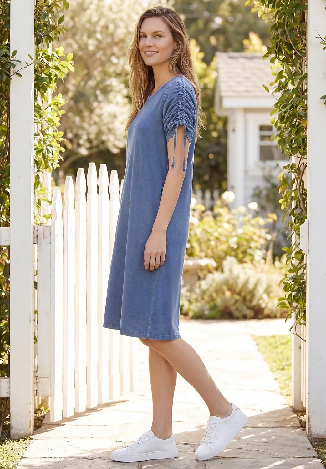 image:imageWoman Within Plus Size Perfect RuchedSleeve KneeLength ShortSleeve Tee DressStonewash