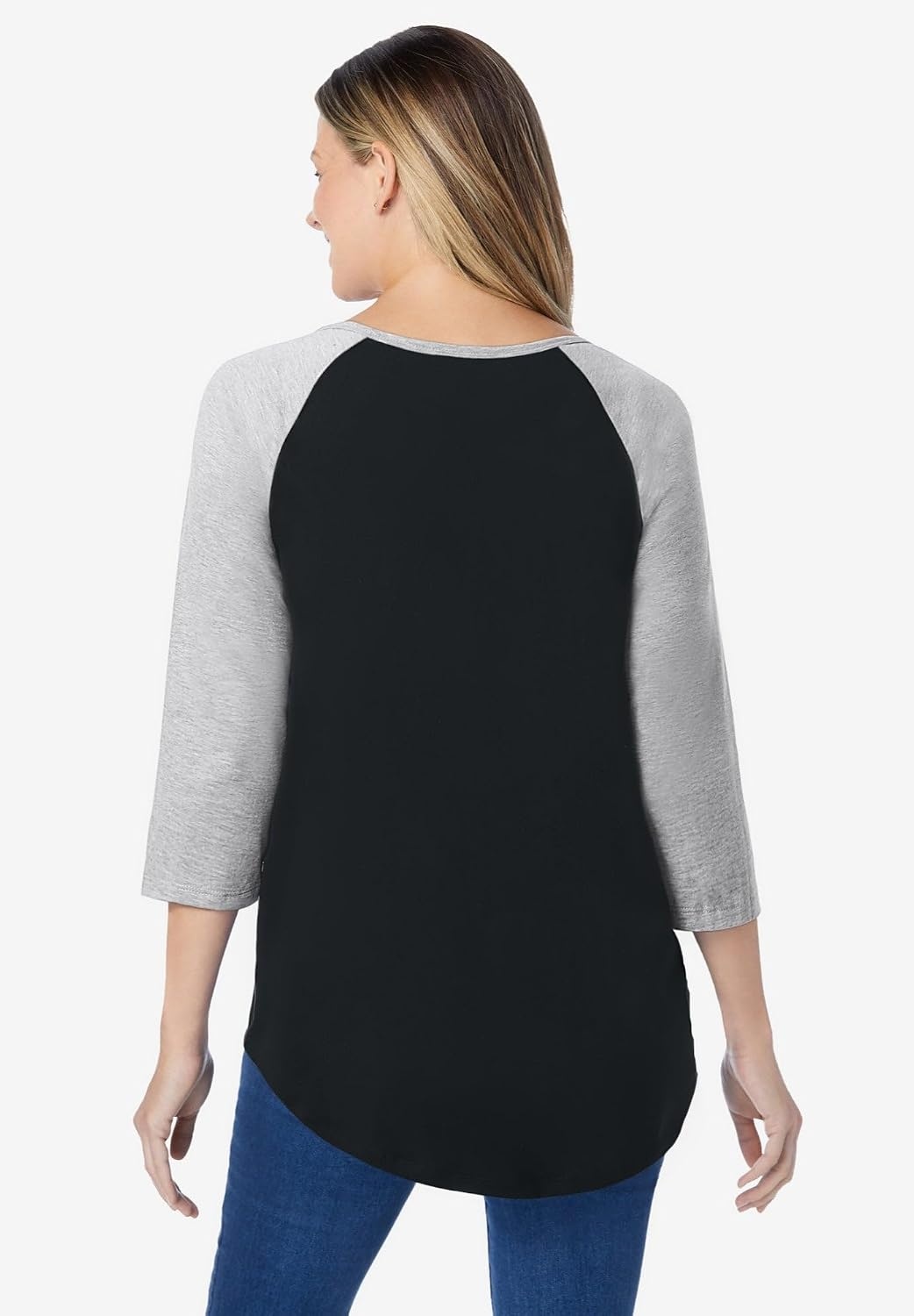 image:imageWoman Within Plus Size ThreeQuarter Sleeve Baseball TeeBlack Heather Grey