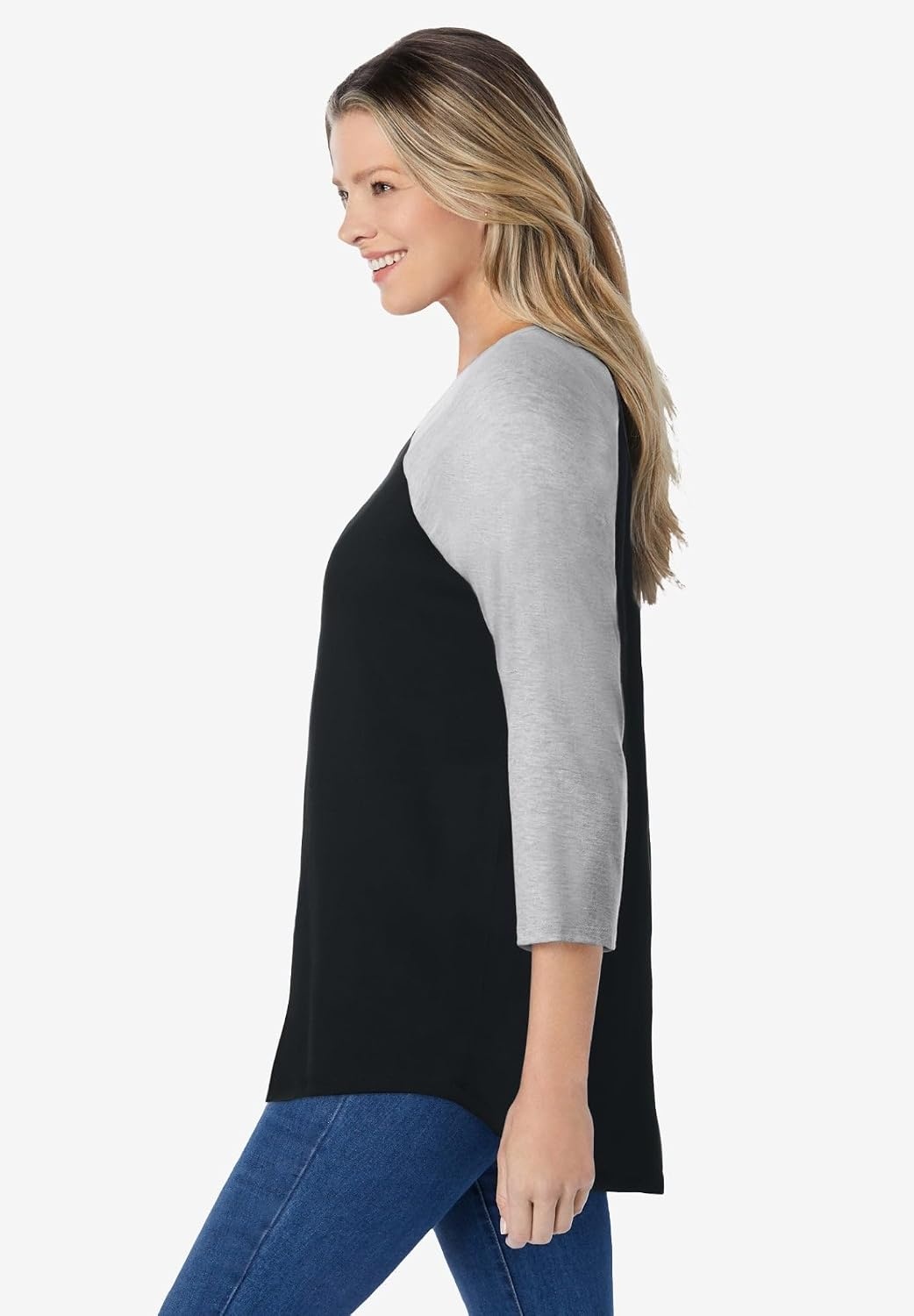 image:imageWoman Within Plus Size ThreeQuarter Sleeve Baseball TeeBlack Heather Grey
