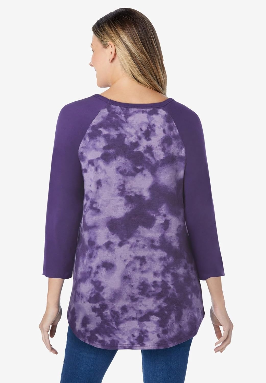 image:imageWoman Within Plus Size ThreeQuarter Sleeve Baseball TeeRadiant Purple Tie Dye