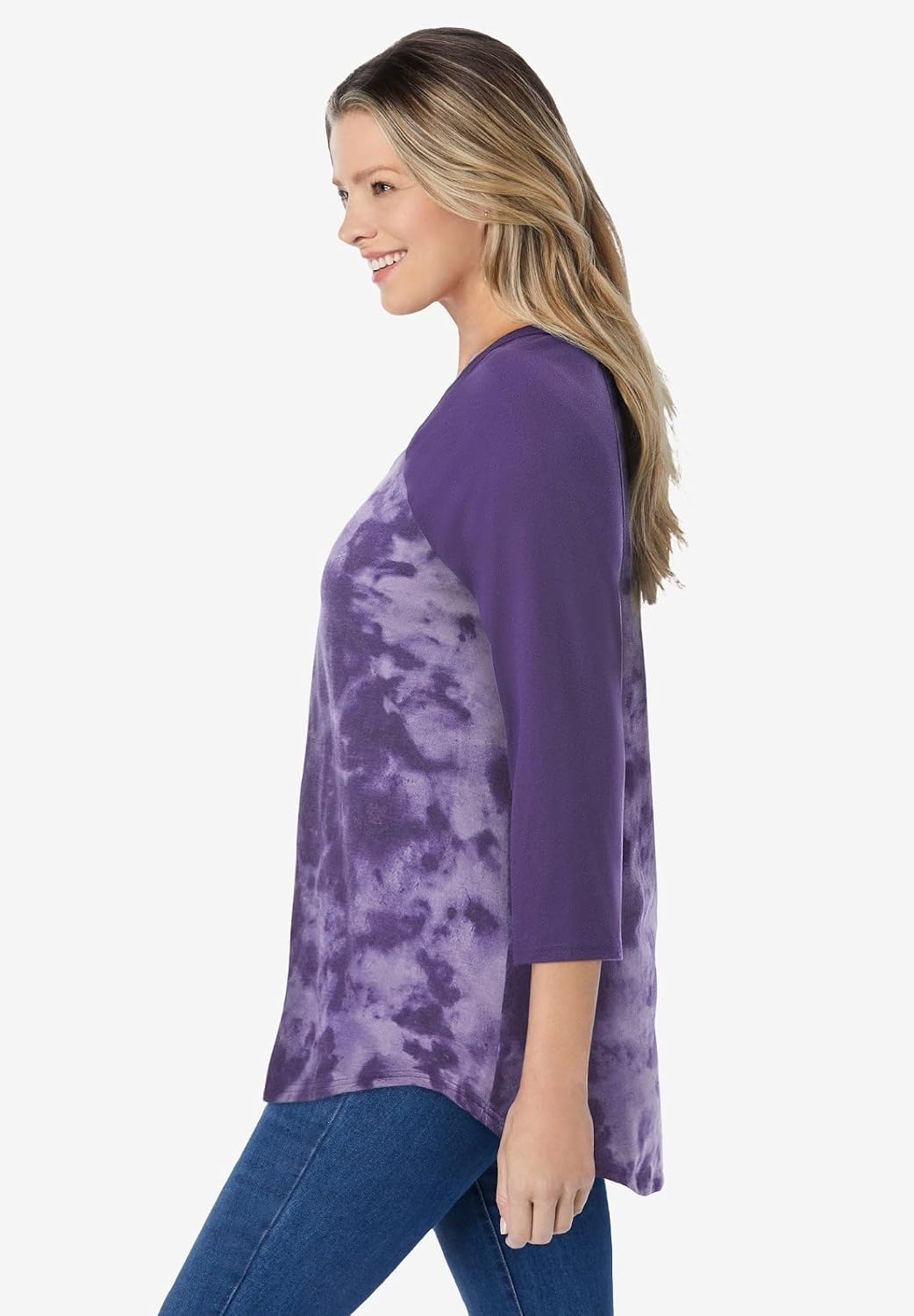 image:imageWoman Within Plus Size ThreeQuarter Sleeve Baseball TeeRadiant Purple Tie Dye