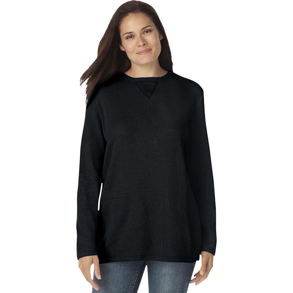 image:imageWoman Within LongSleeve Crewneck Soft Waffle Knit Thermal ShirtBlack
