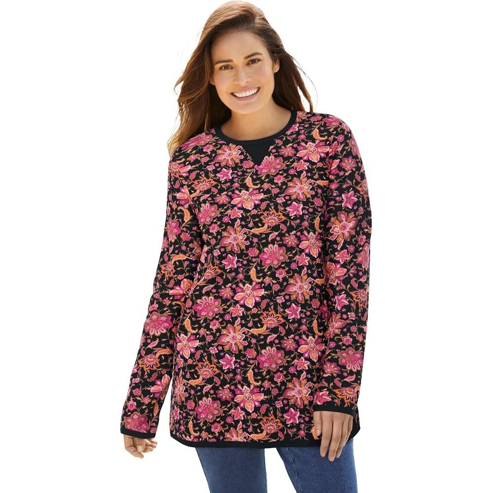 image:imageWoman Within LongSleeve Crewneck Soft Waffle Knit Thermal ShirtBlack Pink Bloom