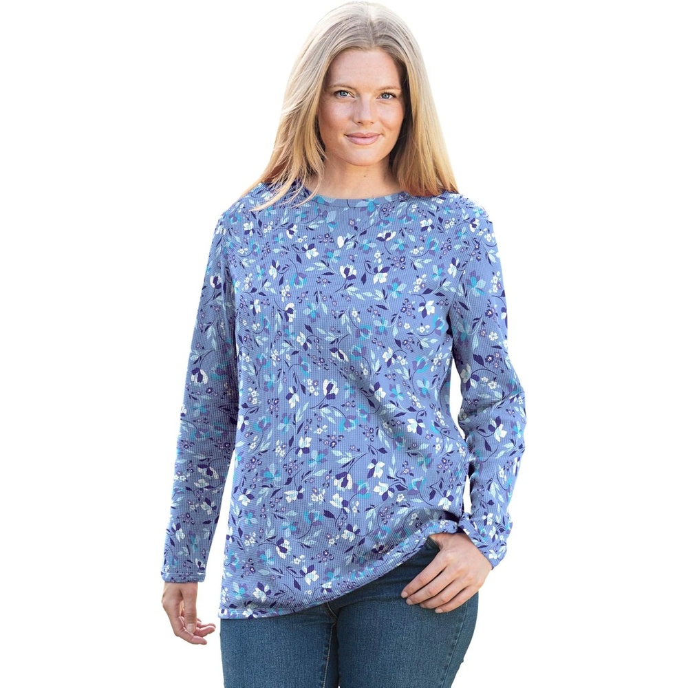 image:imageWoman Within LongSleeve Crewneck Soft Waffle Knit Thermal ShirtFrench Blue Dancing Floral