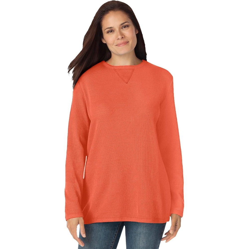 image:imageWoman Within LongSleeve Crewneck Soft Waffle Knit Thermal ShirtPumpkin