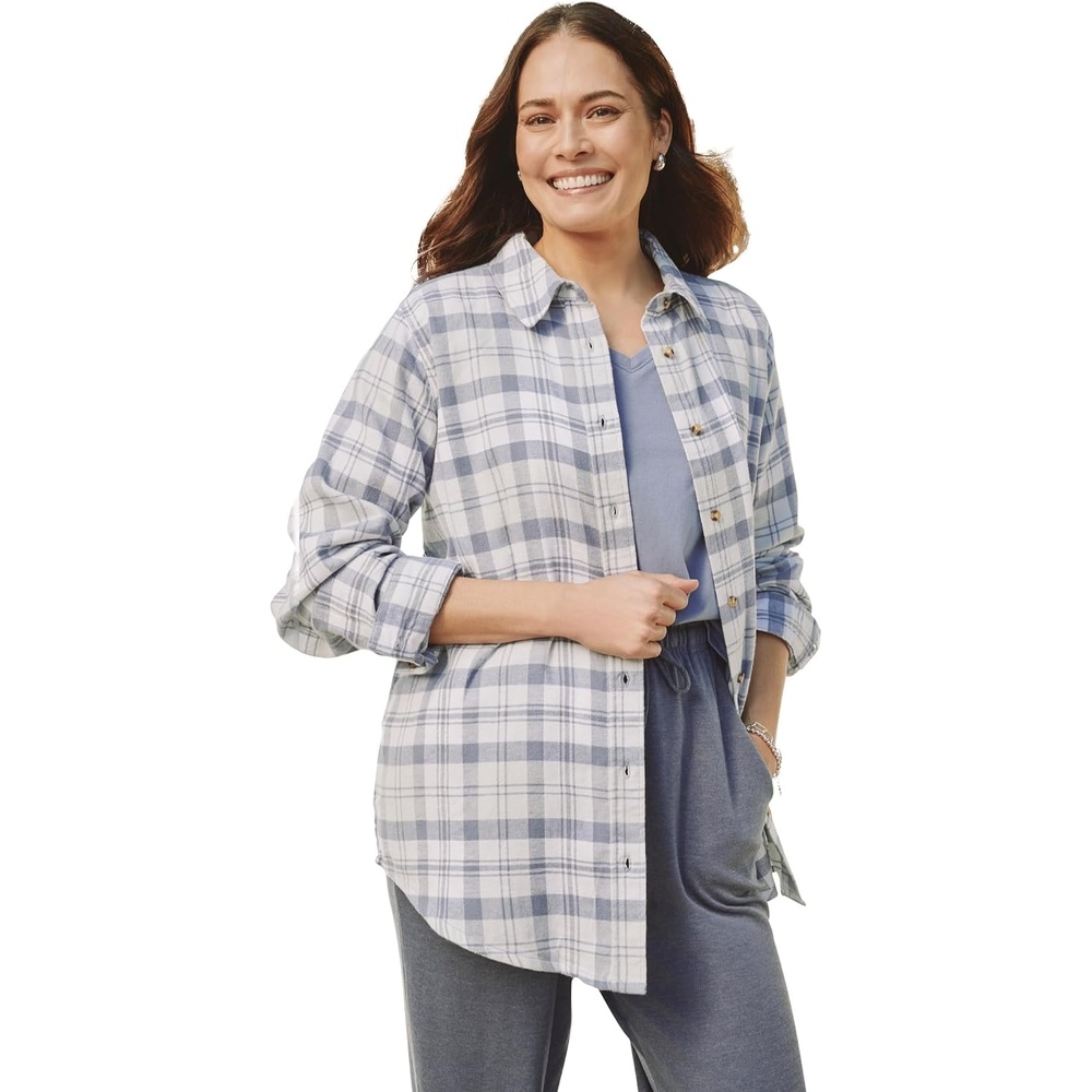 image:imageWoman Within Plus Size Classic Flannel ShirtPale Indigo Plaid
